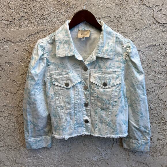 Elie Tahari Toile Printed Raw Hem Denim Jacket White Size L - Picture 1 of 6